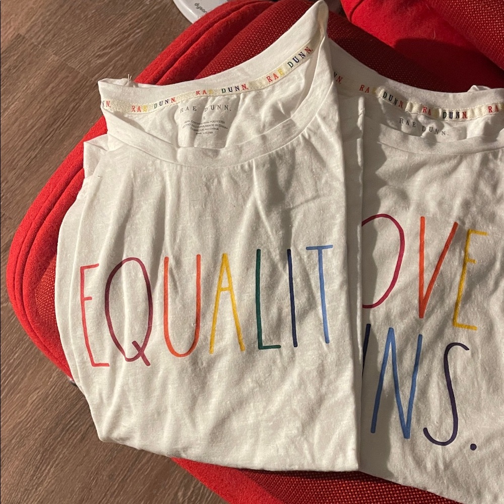 Rae Dunn Pride NWOT love Wins & Equality Tees - White with Rainbow Letters